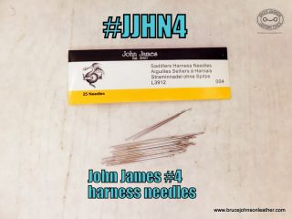 JJHN4 – John James #4 blunt tip harness hand sewing needles, 1 15/16 inch long, suggested for thread size #69 smaller or 0.5 mm metric – pack of 25 – $7.00.